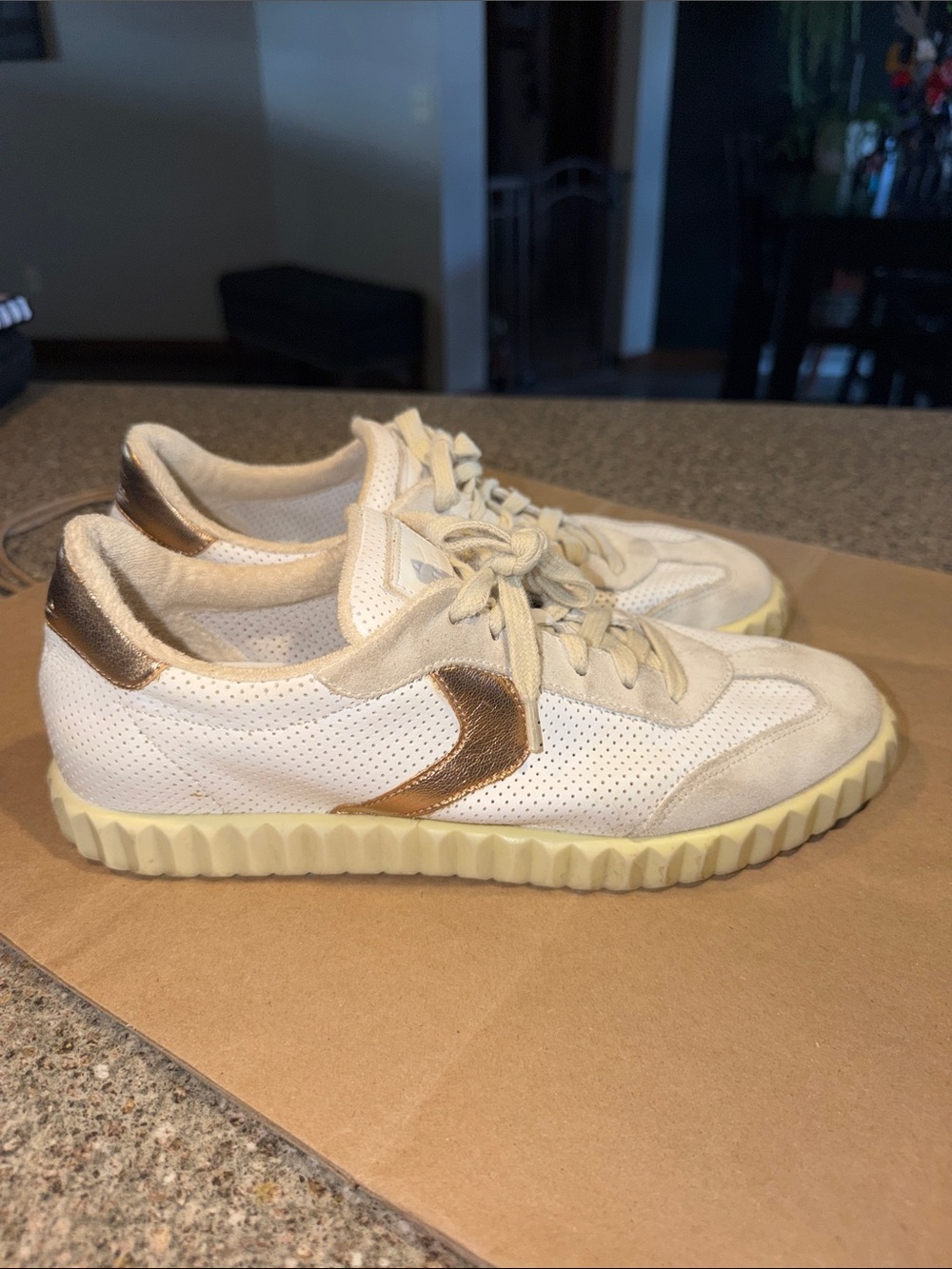 Voile Blanche White and Gold Perforated Lace-Up Sneakers